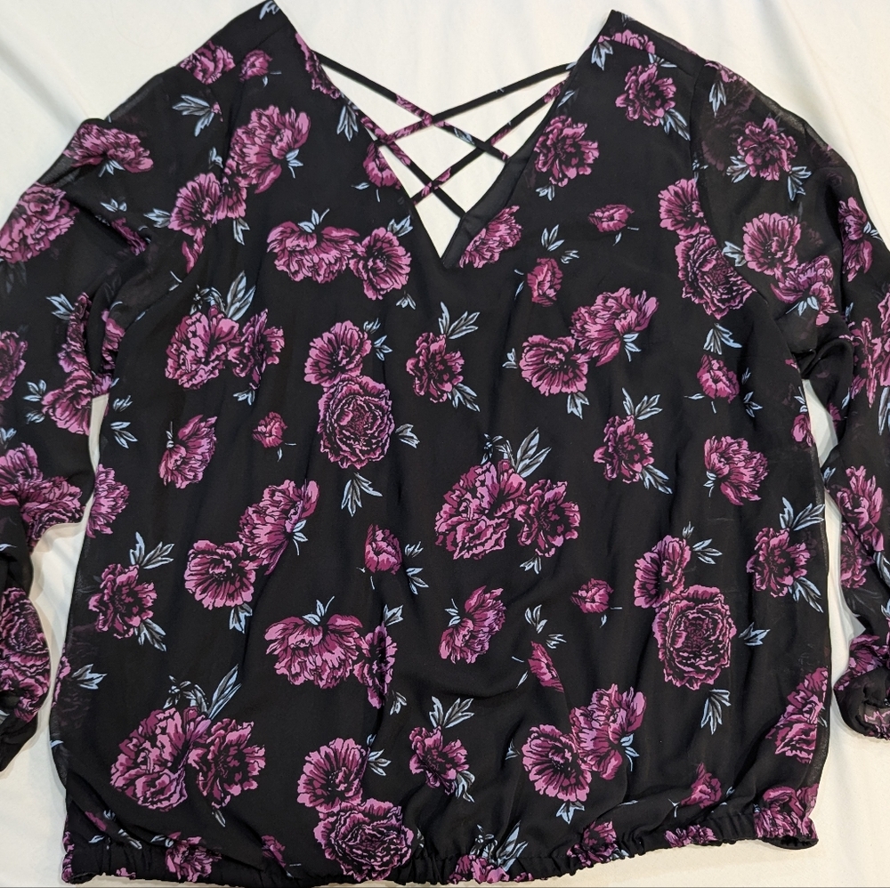 Torrid Size 2 Purple & Black Lined Bodice, Sheer Arms 3/4 Sleeve, Elastic Waist